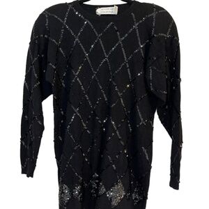 William Kasper Sweater Women M Black Sequin Cashmere Knit Boho Western Retro 80s
